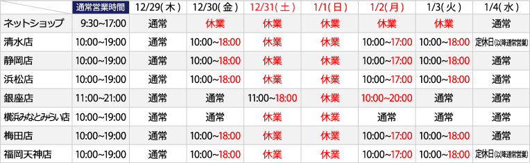 2022年度年末年始の営業時間